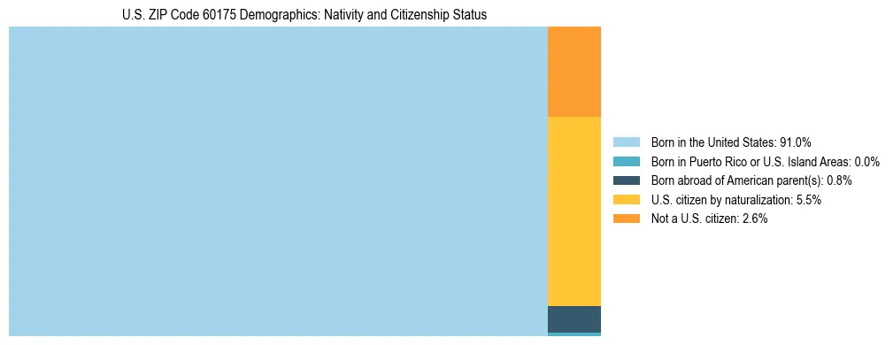 Treemap showing the population distribution by nativity and citizenship status in US ZIP Code 60175 based on U.S. Census data.