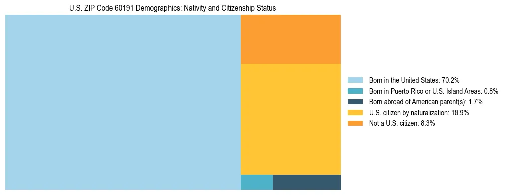 Treemap showing the population distribution by nativity and citizenship status in US ZIP Code 60191 based on U.S. Census data.