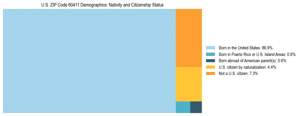Treemap showing the population distribution by nativity and citizenship status in US ZIP Code 60411 based on U.S. Census data.
