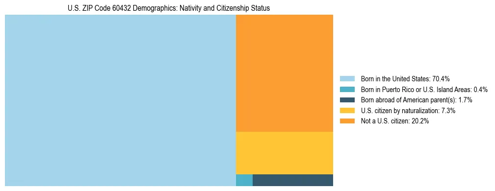 Treemap showing the population distribution by nativity and citizenship status in US ZIP Code 60432 based on U.S. Census data.