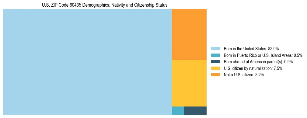 Treemap showing the population distribution by nativity and citizenship status in US ZIP Code 60435 based on U.S. Census data.