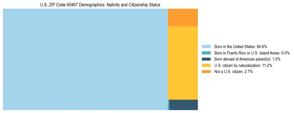 Treemap showing the population distribution by nativity and citizenship status in US ZIP Code 60467 based on U.S. Census data.