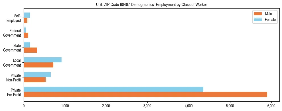 Horizontal bar chart showing employment distribution by class of worker and gender in US ZIP Code 60487, based on 2023 ACS data.