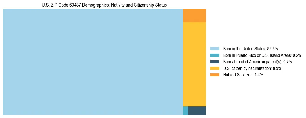 Treemap showing the population distribution by nativity and citizenship status in US ZIP Code 60487 based on U.S. Census data.