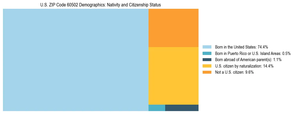 Treemap showing the population distribution by nativity and citizenship status in US ZIP Code 60502 based on U.S. Census data.