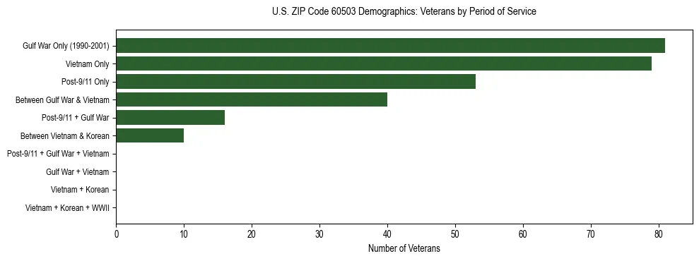 Horizontal bar chart showing veteran distribution by period of military service in US ZIP Code 60503, based on 2023 ACS data.