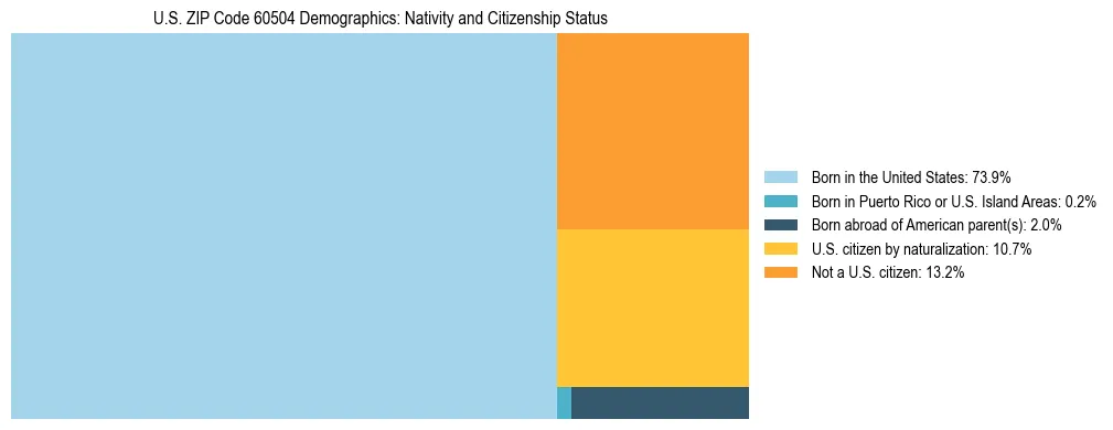 Treemap showing the population distribution by nativity and citizenship status in US ZIP Code 60504 based on U.S. Census data.