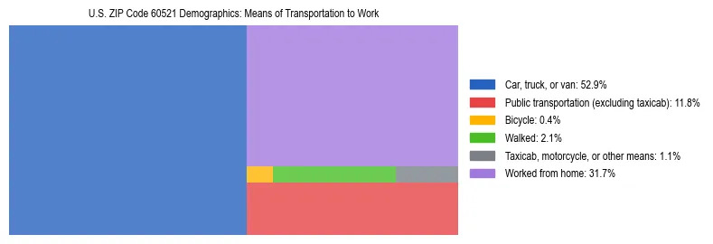 Treemap showing means of transportation to work distribution in US ZIP Code 60521.