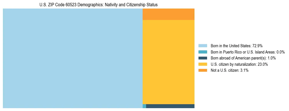 Treemap showing the population distribution by nativity and citizenship status in US ZIP Code 60523 based on U.S. Census data.