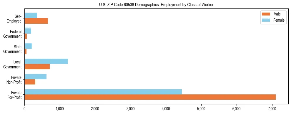 Horizontal bar chart showing employment distribution by class of worker and gender in US ZIP Code 60538, based on 2023 ACS data.