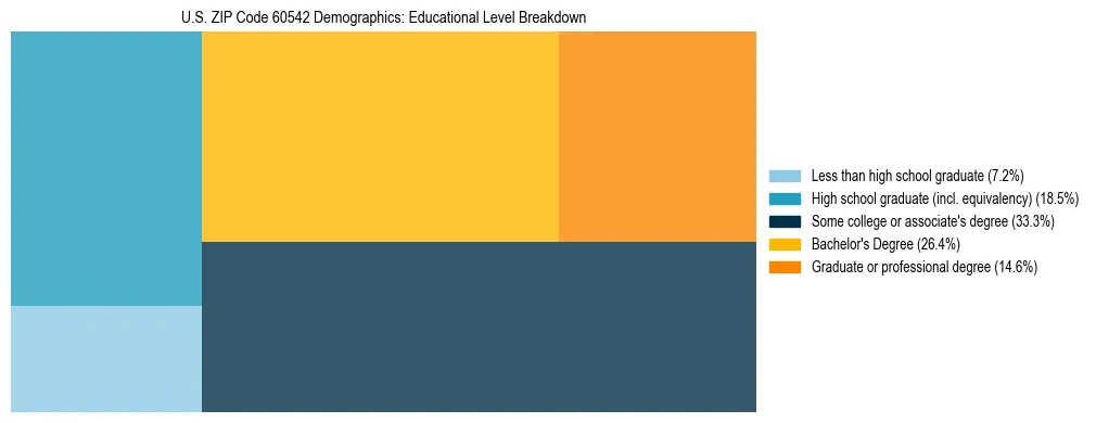 Treemap chart illustrating the educational attainment breakdown for population 25 years and over in US ZIP Code 60542.
