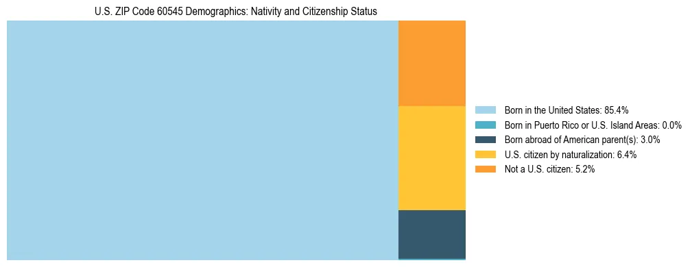 Treemap showing the population distribution by nativity and citizenship status in US ZIP Code 60545 based on U.S. Census data.