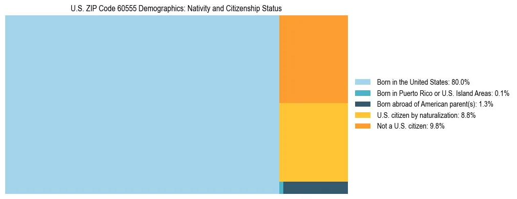 Treemap showing the population distribution by nativity and citizenship status in US ZIP Code 60555 based on U.S. Census data.