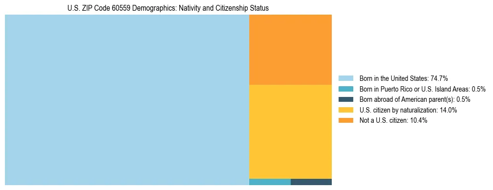Treemap showing the population distribution by nativity and citizenship status in US ZIP Code 60559 based on U.S. Census data.