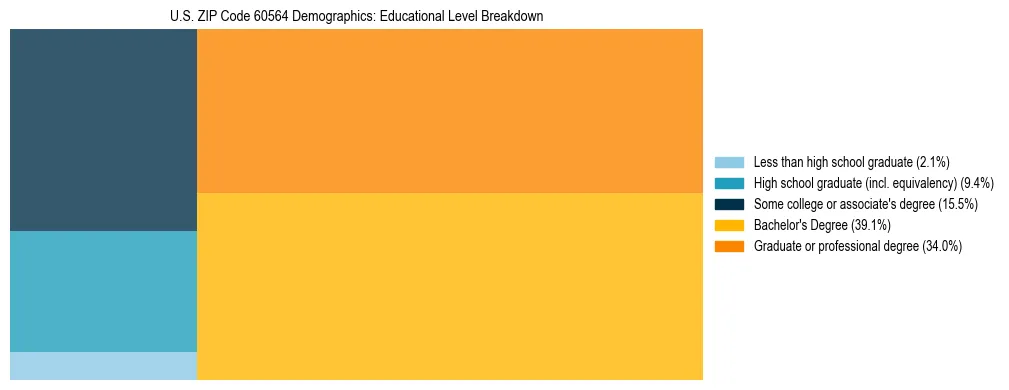 Treemap chart illustrating the educational attainment breakdown for population 25 years and over in US ZIP Code 60564.