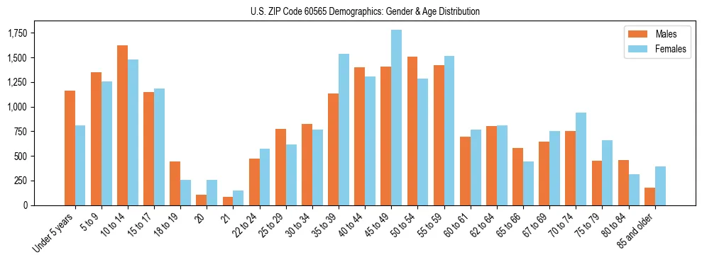 Bar chart showing the population distribution of US ZIP Code 60565 by age group and gender, based on 2023 ACS data.