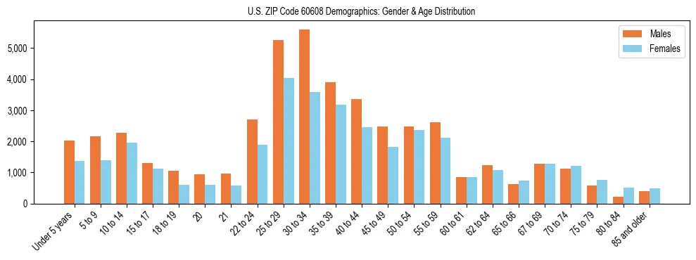 Bar chart showing the population distribution of US ZIP Code 60608 by age group and gender, based on 2023 ACS data.