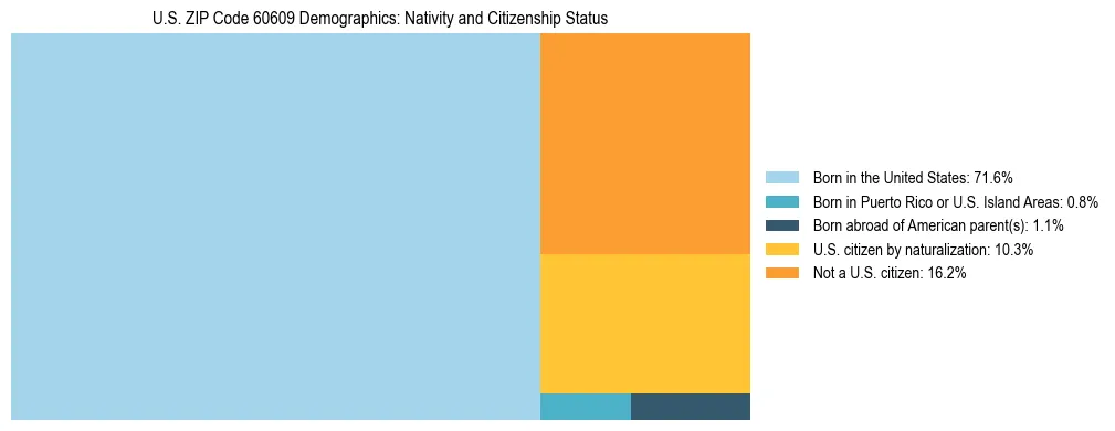 Treemap showing the population distribution by nativity and citizenship status in US ZIP Code 60609 based on U.S. Census data.