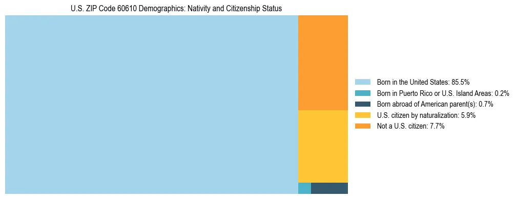Treemap showing the population distribution by nativity and citizenship status in US ZIP Code 60610 based on U.S. Census data.