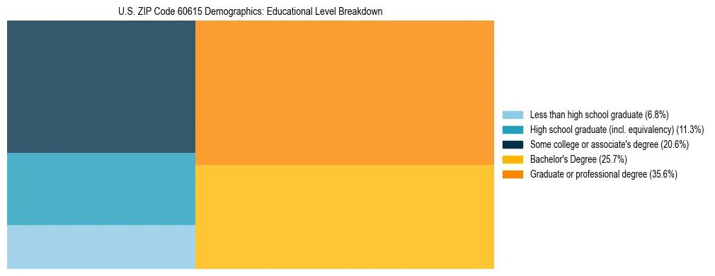 Treemap chart illustrating the educational attainment breakdown for population 25 years and over in US ZIP Code 60615.