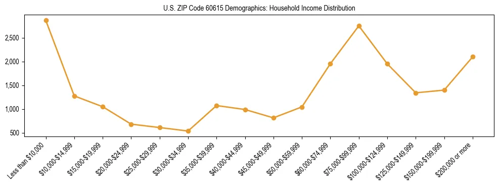 Horizontal bar chart showing household income distribution in US ZIP Code 60615.