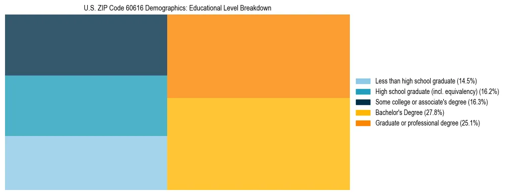 Treemap chart illustrating the educational attainment breakdown for population 25 years and over in US ZIP Code 60616.