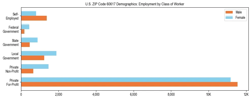 Horizontal bar chart showing employment distribution by class of worker and gender in US ZIP Code 60617, based on 2023 ACS data.