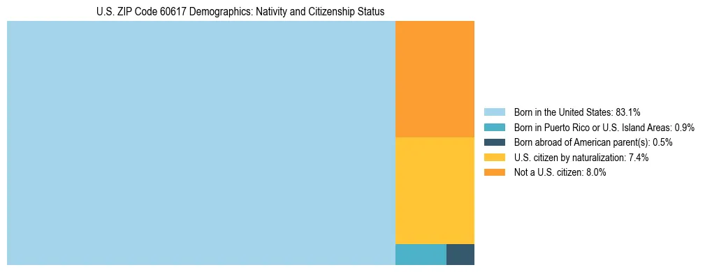 Treemap showing the population distribution by nativity and citizenship status in US ZIP Code 60617 based on U.S. Census data.