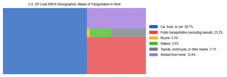Treemap showing means of transportation to work distribution in US ZIP Code 60619.