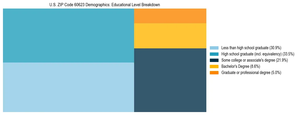 Treemap chart illustrating the educational attainment breakdown for population 25 years and over in US ZIP Code 60623.