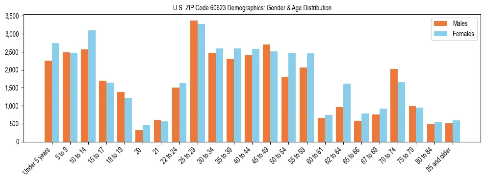 Bar chart showing the population distribution of US ZIP Code 60623 by age group and gender, based on 2023 ACS data.