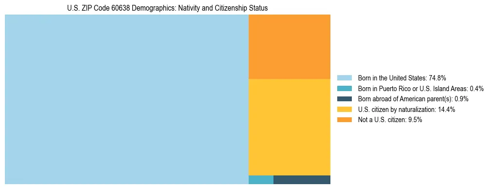 Treemap showing the population distribution by nativity and citizenship status in US ZIP Code 60638 based on U.S. Census data.