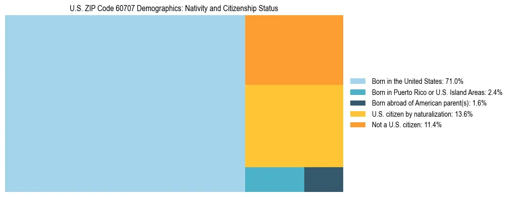 Treemap showing the population distribution by nativity and citizenship status in US ZIP Code 60707 based on U.S. Census data.