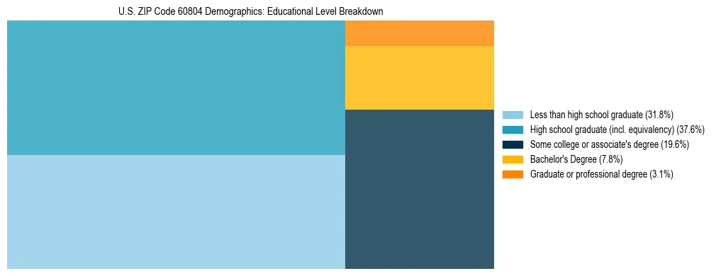 Treemap chart illustrating the educational attainment breakdown for population 25 years and over in US ZIP Code 60804.