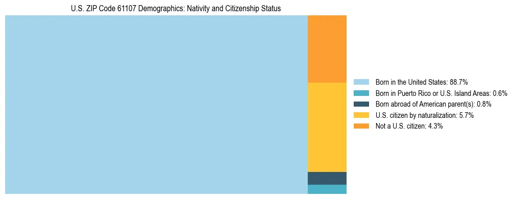 Treemap showing the population distribution by nativity and citizenship status in US ZIP Code 61107 based on U.S. Census data.