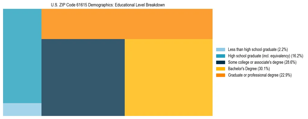 Treemap chart illustrating the educational attainment breakdown for population 25 years and over in US ZIP Code 61615.