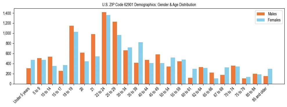 Bar chart showing the population distribution of US ZIP Code 62901 by age group and gender, based on 2023 ACS data.