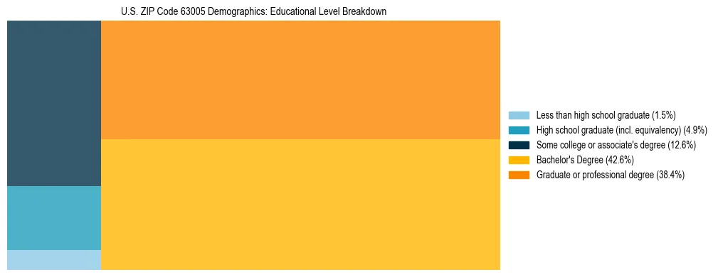 Treemap chart illustrating the educational attainment breakdown for population 25 years and over in US ZIP Code 63005.