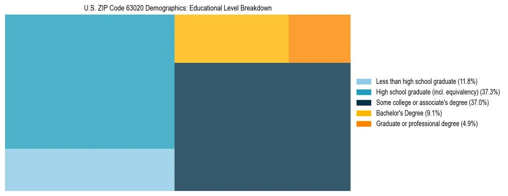 Treemap chart illustrating the educational attainment breakdown for population 25 years and over in US ZIP Code 63020.