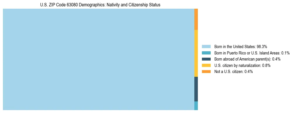 Treemap showing the population distribution by nativity and citizenship status in US ZIP Code 63080 based on U.S. Census data.