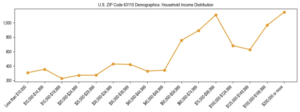 Horizontal bar chart showing household income distribution in US ZIP Code 63110.