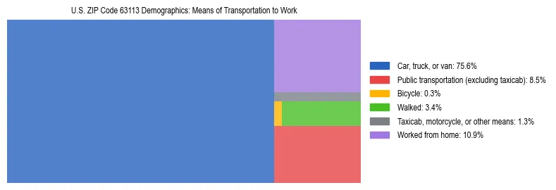 Treemap showing means of transportation to work distribution in US ZIP Code 63113.
