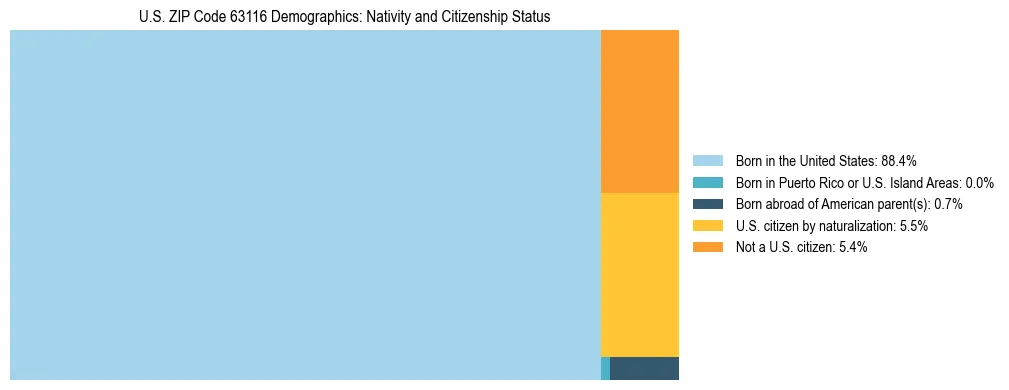 Treemap showing the population distribution by nativity and citizenship status in US ZIP Code 63116 based on U.S. Census data.