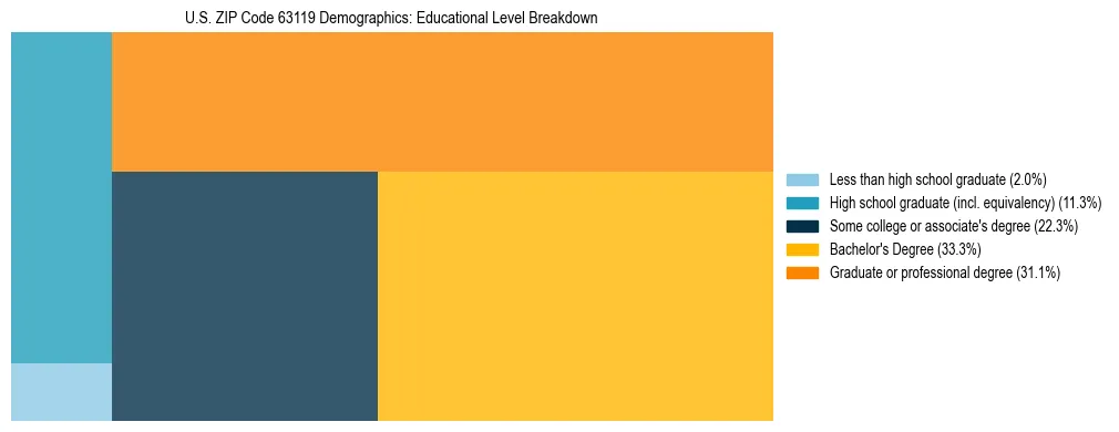 Treemap chart illustrating the educational attainment breakdown for population 25 years and over in US ZIP Code 63119.