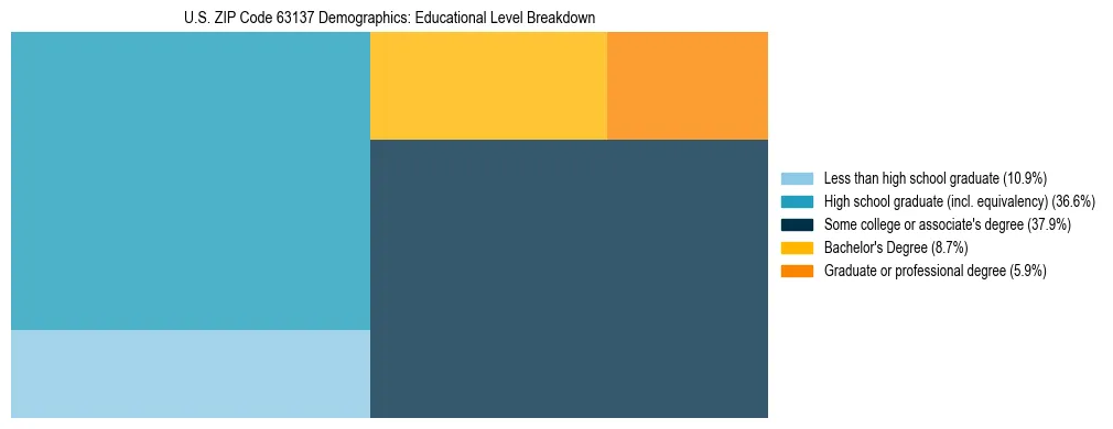 Treemap chart illustrating the educational attainment breakdown for population 25 years and over in US ZIP Code 63137.