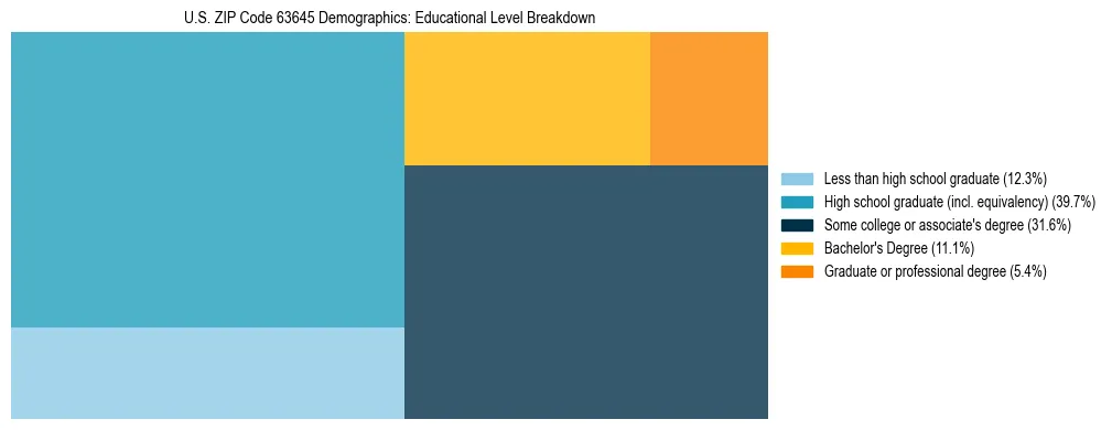 Treemap chart illustrating the educational attainment breakdown for population 25 years and over in US ZIP Code 63645.