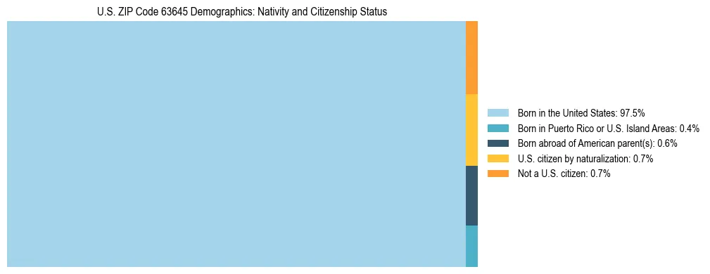 Treemap showing the population distribution by nativity and citizenship status in US ZIP Code 63645 based on U.S. Census data.