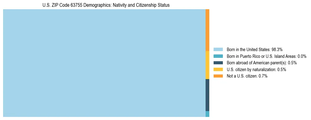 Treemap showing the population distribution by nativity and citizenship status in US ZIP Code 63755 based on U.S. Census data.