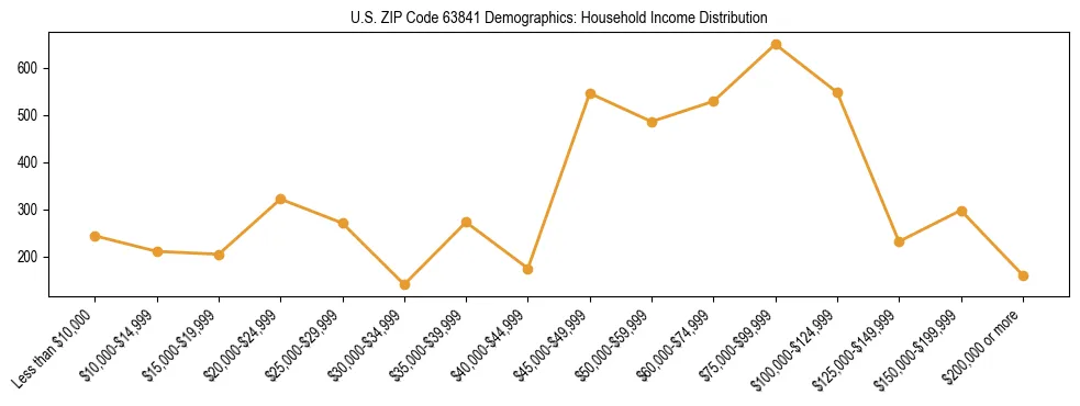 Horizontal bar chart showing household income distribution in US ZIP Code 63841.