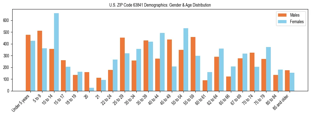 Bar chart showing the population distribution of US ZIP Code 63841 by age group and gender, based on 2023 ACS data.
